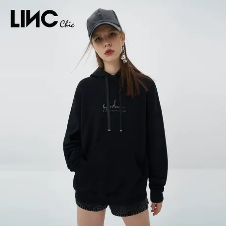 LINC金羽杰卫衣2023秋季新款简约质感LOGO刺绣中长款宽松连帽卫衣图片