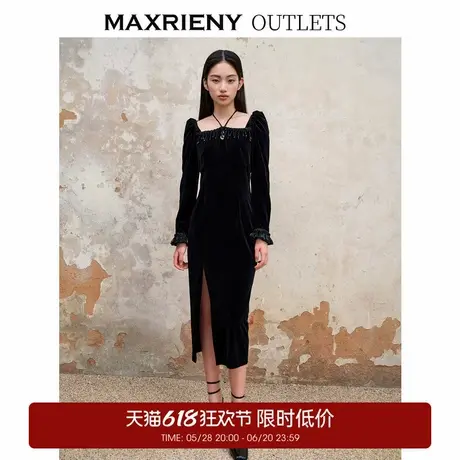 【奥莱】MAXRIENY复古丝绒连衣裙修身早赫本风气质开衩裙子图片