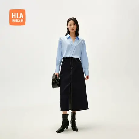 HLA/海澜之家梭织牛仔时尚半身裙24春夏新正面开叉通勤风裙子女装图片