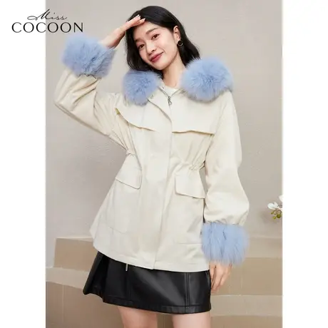 MISSCOCOON狐狸大毛领皮草外套女2022新款冬季加绒保暖连帽派克服图片