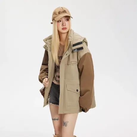 潮牌拼接连帽保暖棉服女冬季加厚外套2023新款复古宽松棉衣图片