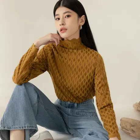 桔熊秋冬季磨毛蕾丝打底衫弹力半高领透肤长袖上衣女大码AB19093图片