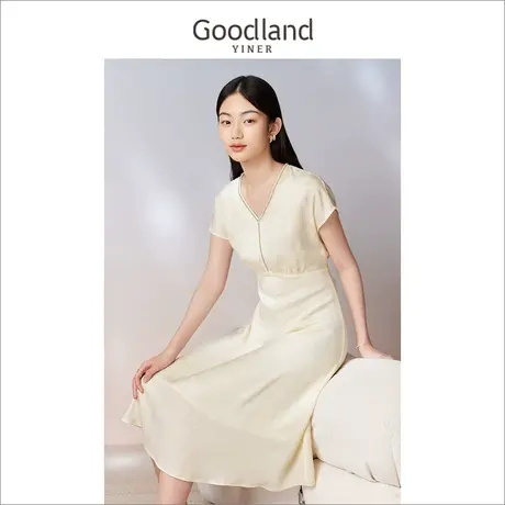 【醋酸系列】Goodland美地女装2023夏季钉钻V领垂感连衣裙图片