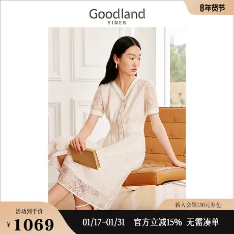 【经典升级】Goodland美地女装夏季山茶花蕾丝连衣裙图片