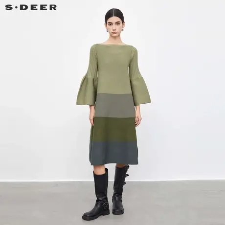 【直播间专属】sdeer圣迪奥圆领喇叭袖撞色长款针织衫S233Z3501图片