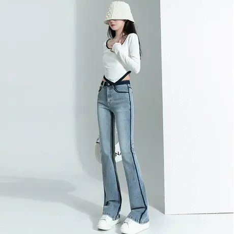 高腰微喇叭牛仔裤女夏2023年新款设计感小众小众撞色修身马蹄裤子图片