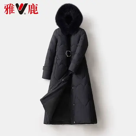雅鹿黑色狐狸大毛领羽绒服女中长款2022冬季新款腰带保暖连帽外套图片