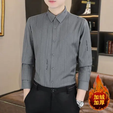 冬季新款加绒厚条纹衬衫长袖修身韩版潮流痞帅高级感休闲男士衬衣图片