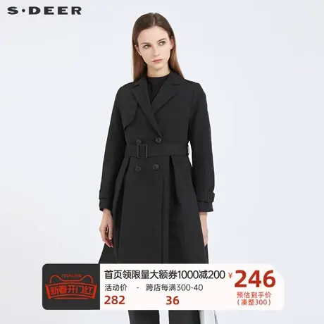 sdeer圣迪奥女装时尚西装领双排扣收腰中长款风衣S21181803图片
