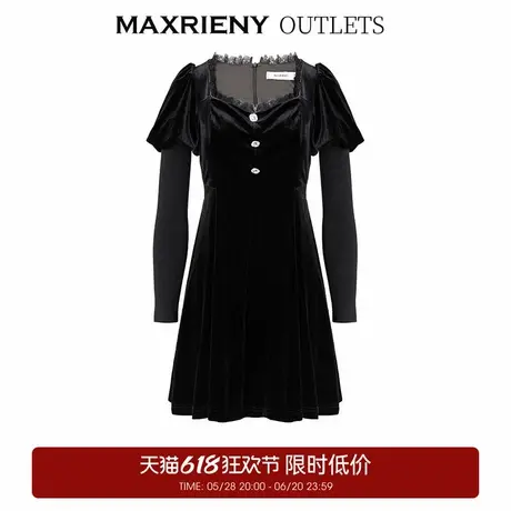 【奥莱】MAXRIENY法式宫廷复古风丝绒连衣裙钻饰羊腿袖裙子图片