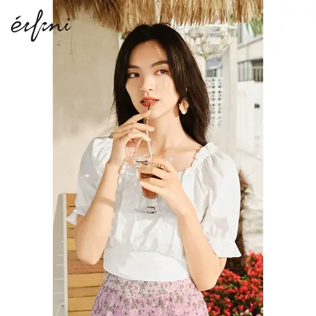 伊芙丽泡泡袖法式小上衣女2021夏季新款修身方领收腰露背系带衬衣图片