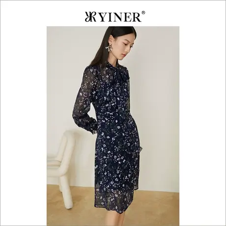 *YINER音儿奥莱女装2022春季新款网纱拼接亮丝碎花连衣裙图片