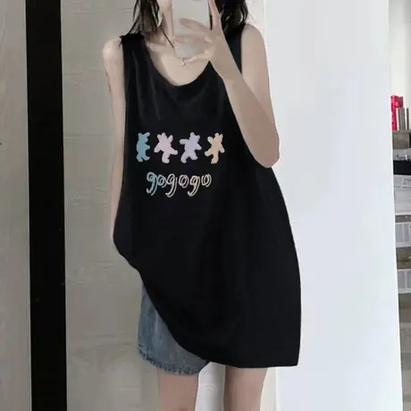 美式复古纯棉吊带运动坎肩背心无袖t恤女夏季外穿宽松篮球服上衣图片