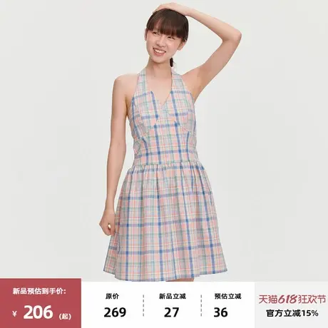 omont蛋挞家复古格纹挂脖连衣裙2025夏设计感收腰显瘦无袖背心裙图片