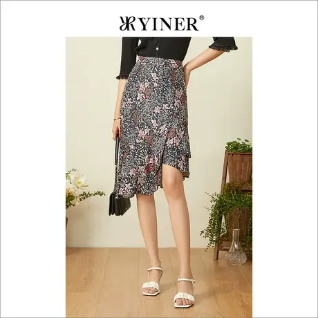 YINER音儿女装春季女装时尚印花不规则真丝半身裙图片