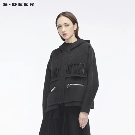 sdeer圣迪奥2018冬装新款女刺绣开衩连帽羊毛毛呢外套S18482281图片
