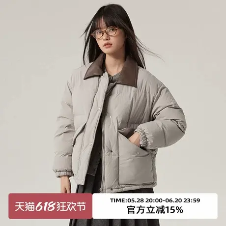 omont蛋挞家 90白鸭绒撞色pu领短羽绒服冬复古巴恩风保暖外套图片