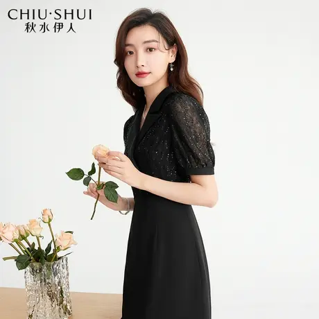 秋水伊人洋气西装连衣裙女夏季2022新款女装蕾丝收腰小黑裙设计感图片
