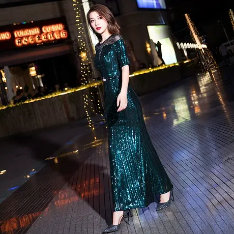 晚礼服女2023新款长款气质亮片绿色宴会高贵主持人高端鱼尾连衣裙图片