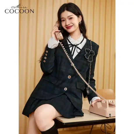 MISSCOCOON黑色羊毛西装外套女2023新款复古格子宽松西服短外套图片