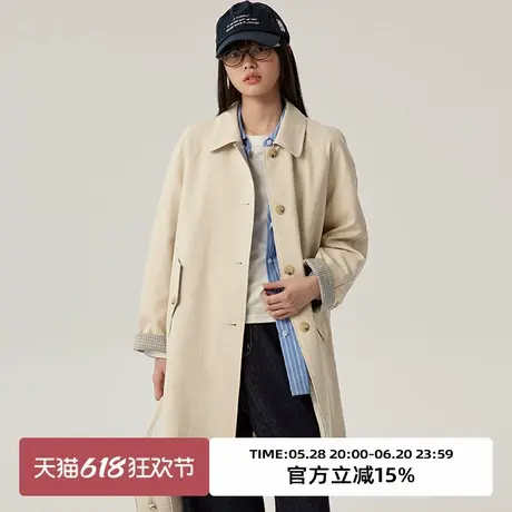 omont蛋挞家复古廓形中长款风衣外套2025春季简约撞色中长款上衣图片