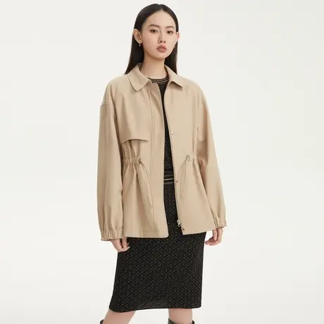 LANCY/悦朗姿2023新款短款风衣外套女气质衬衫领抽绳通勤女奥莱图片