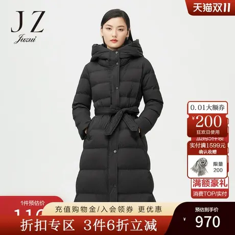 JUZUI玖姿奥莱冬季新款黑色连帽收腰长款保暖外套女休闲羽绒服图片