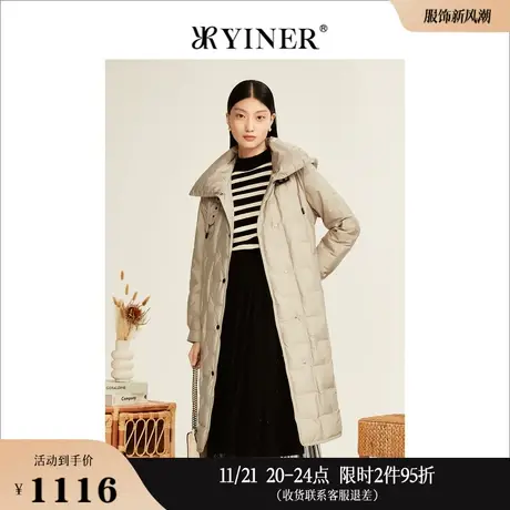 YINER音儿线上专选女装冬季高立领连帽长款风衣式保暖羽绒服图片