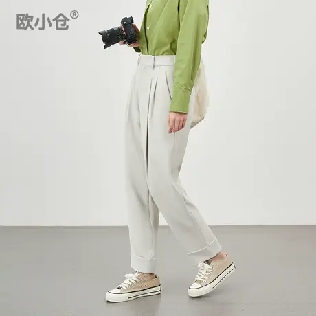 欧小仓奶茶系列ins博主双褶翻边宽松垂感哈伦九分裤 梨型友好西裤图片