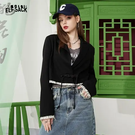 妖精的口袋新中式黑色短款西装外套女2024春季新款西服小个子休闲图片