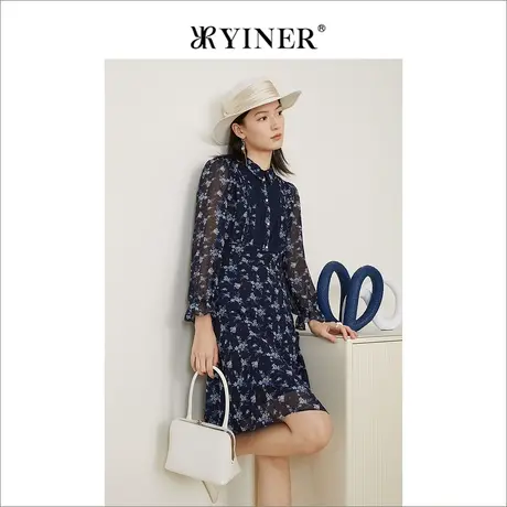 *YINER音儿女装2022春季新款拼接半透花瓣袖碎花连衣裙图片
