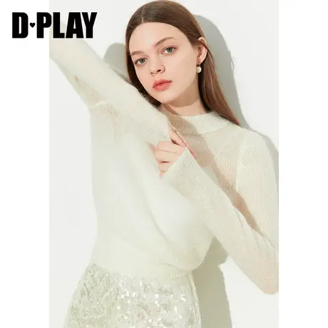 DPLAY夏温柔软糯舒适奶油白短款圆领捏褶长袖套头针织衫上衣图片