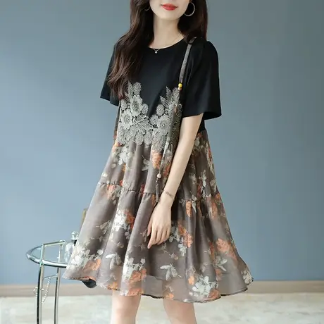 宝诗黎圆领假两件蕾丝拼接碎花裙女2024夏新款减龄别致漂亮连衣裙图片