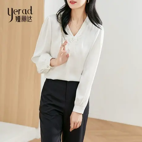 娅丽达衬衫女v领2024春季新款高级感缎面气质雪纺衫长袖白色衬衣图片