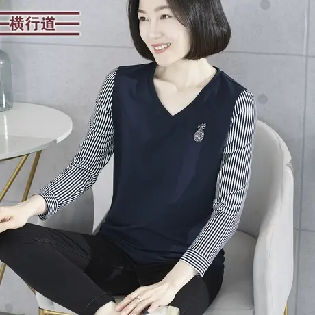 V领绣花七分袖拼接条纹韩版休闲宽松大码妈妈2023新款冬装女上衣图片