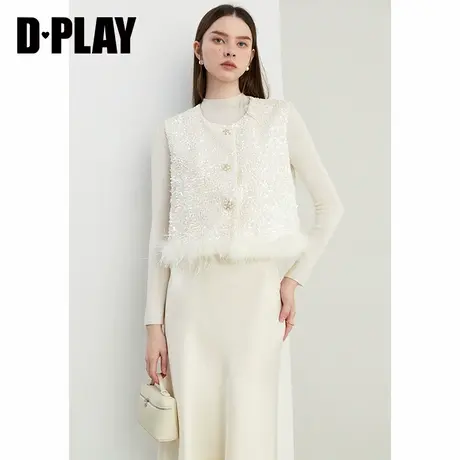 DPLAY秋季新中式亮片丝绒马甲国风鸵鸟毛马夹外搭短款外套女图片