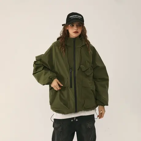 潮牌纯色连帽棉服女冬季2023新款美式复古宽松加厚运动外套图片