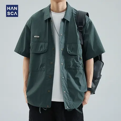 hansca休闲冰丝短袖衬衫男夏季薄款美式复古潮流百搭工装衬衣外套图片