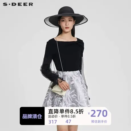 sdeer圣迪奥女装一字领网纱花边蝴蝶结针织衫S231Z3503图片