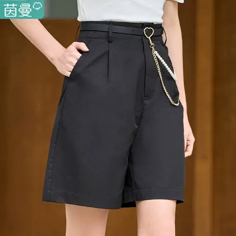 茵曼旗舰店黑色阔腿短裤女士2023夏季新款宽松高腰休闲直筒裤子图片