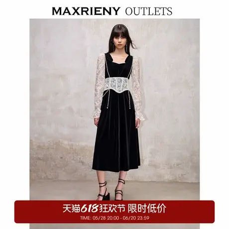 【奥莱】MAXRIENY法式宫廷复古风拼接蕾丝丝绒连衣裙收腰裙子图片