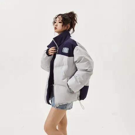 美式复古拼接立领棉服女冬季加厚外套2023新款潮牌宽松面包服棉衣图片