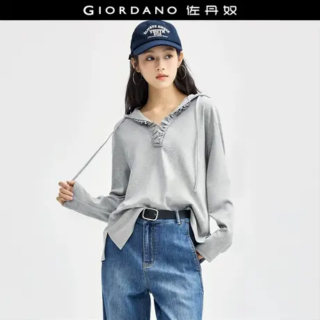 佐丹奴T恤女装荷叶边V字抽绳连帽针织长袖T恤 18324628图片