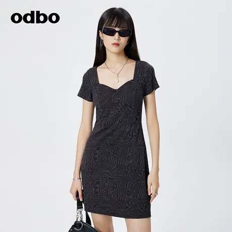 odbo/欧迪比欧法式方领短袖印花连衣裙女春季新款收腰显瘦A字裙子图片