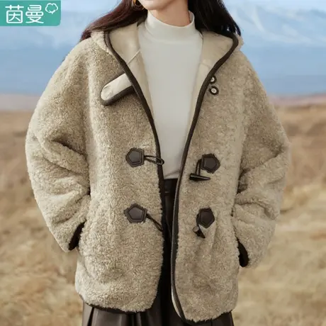 茵曼皮毛一体羊羔绒短外套女装2024冬季新款加厚保暖上衣棉服棉衣图片