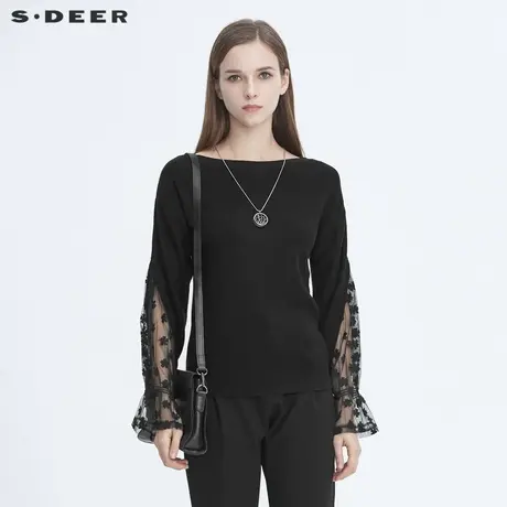sdeer圣迪奥女装休闲圆领蕾丝贴布拼接针织衫毛衣女S20483541图片
