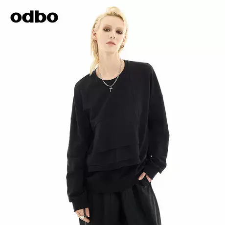 odbo/欧迪比欧不对称叠层花边上衣女2024秋冬新款个性设计感卫衣图片