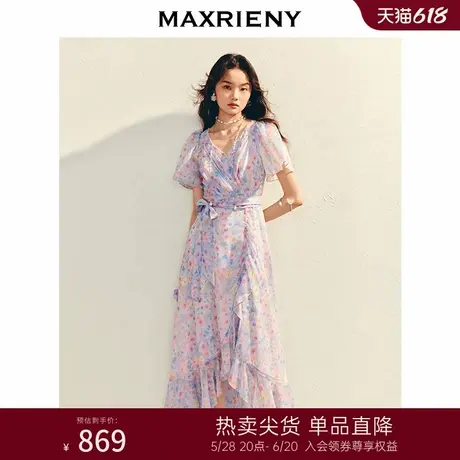 MAXRIENY度假风印花雪纺连衣裙精致浪漫茶歇裙收腰压褶不规则设计图片
