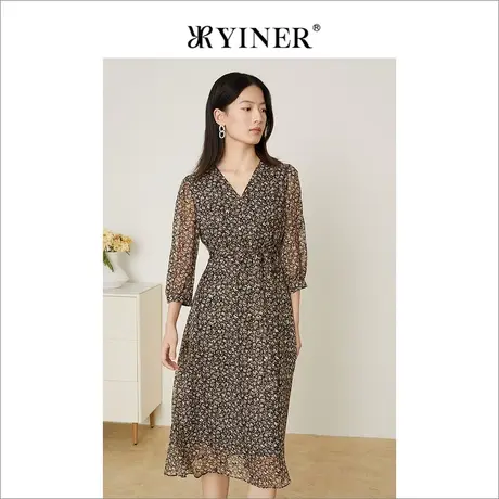 *YINER音儿奥莱女装2022春季新款拼接雪纺袖碎花V领连衣裙图片