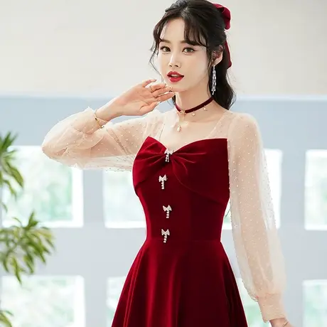 订婚连衣裙红色小礼服敬酒服小个子新娘高级感夏季娃娃领平时可穿图片